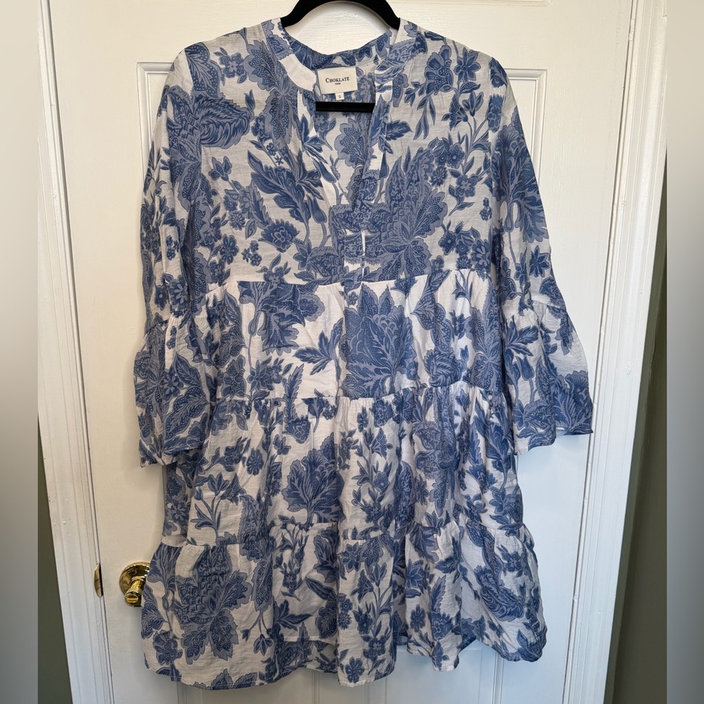 Choklate Paris Blue White Floral Silk Blend Tiered‎ Dress Size Small